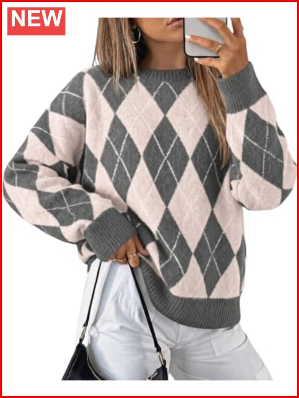 Oversized Argyle Plaid Knit Pullover Sweater Long Sleeve Crew Neck